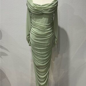 SHEIN Green Ruched Off-Shoulder Bishop Sleeve Dress